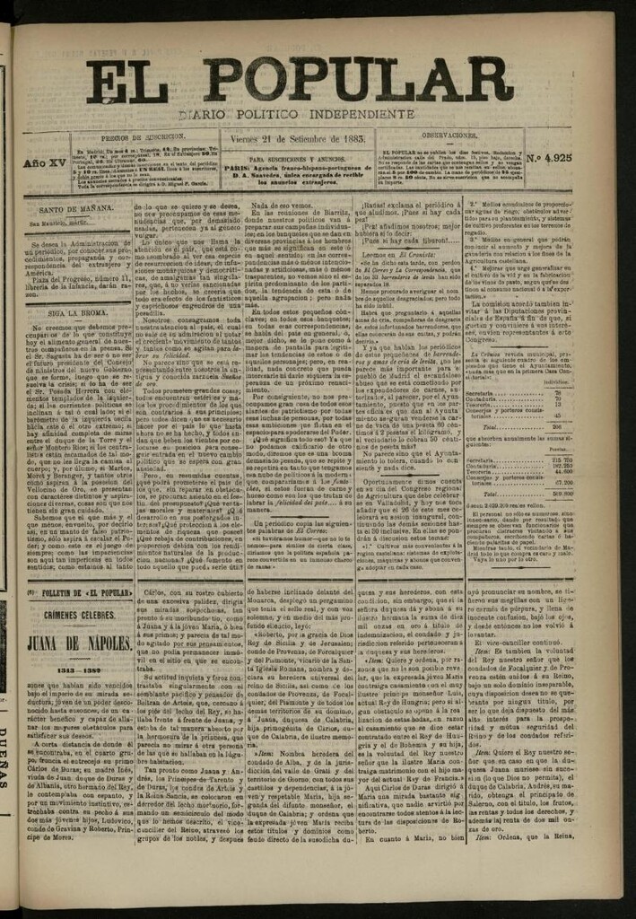 Miniatura de El Popular: diario independiente, político, literario y de noticias de interés general del 21 de septiembre de 1883, nº 4925