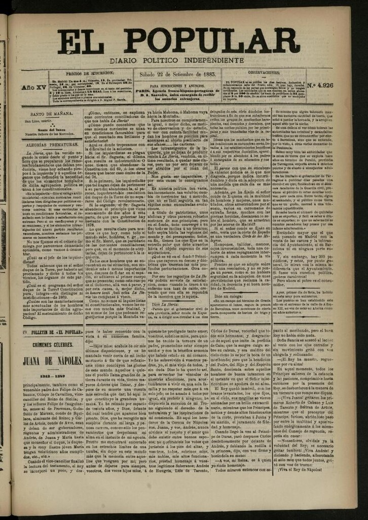 Miniatura de El Popular: diario independiente, político, literario y de noticias de interés general del 22 de septiembre de 1883, nº 4926