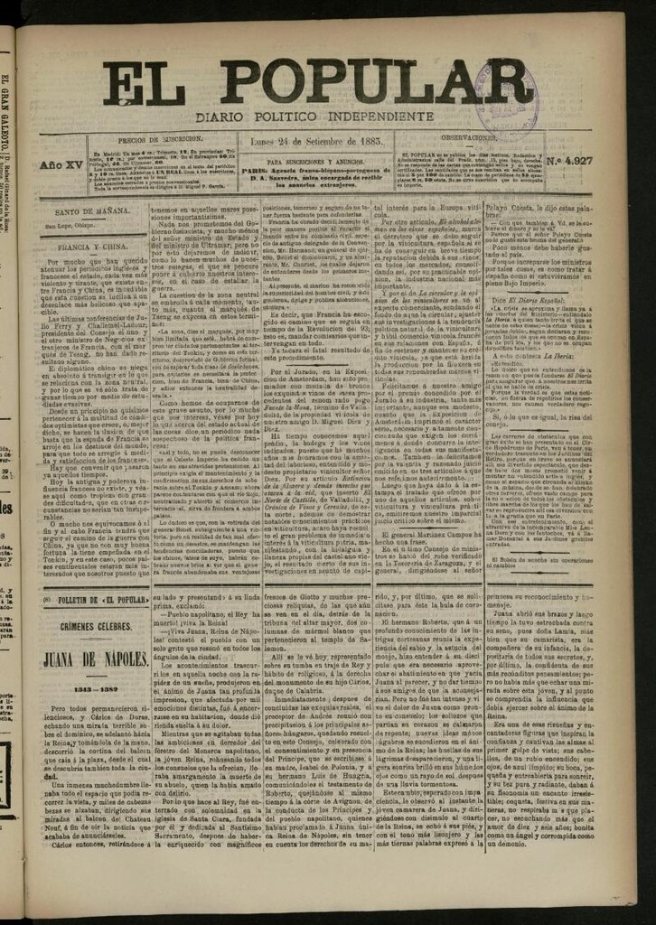 Miniatura de El Popular: diario independiente, político, literario y de noticias de interés general del 24 de septiembre de 1883, nº 4927