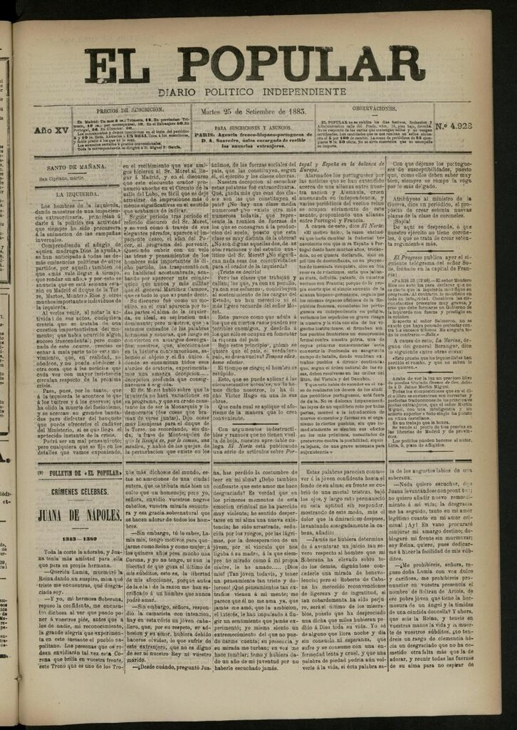 Miniatura de El Popular: diario independiente, político, literario y de noticias de interés general del 25 de septiembre de 1883, nº 4928