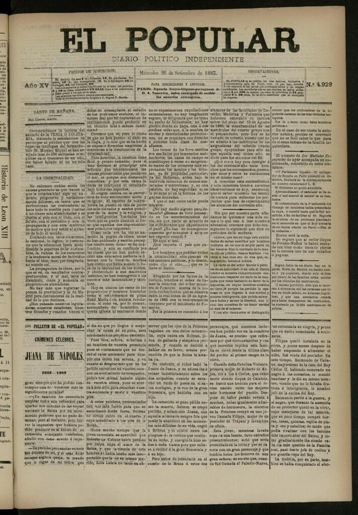 Miniatura de El Popular: diario independiente, político, literario y de noticias de interés general del 26 de septiembre de 1883, nº 4929