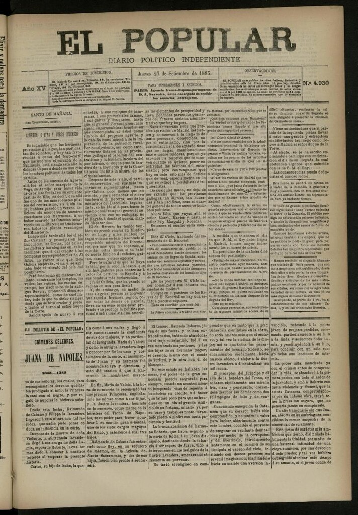 Miniatura de El Popular: diario independiente, político, literario y de noticias de interés general del 27 de septiembre de 1883, nº 4930