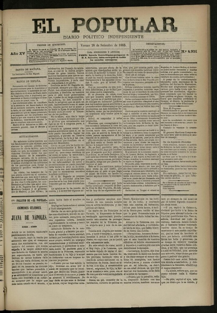 Miniatura de El Popular: diario independiente, político, literario y de noticias de interés general del 28 de septiembre de 1883, nº 4931