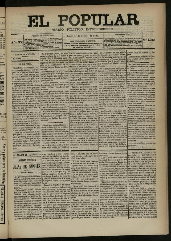Miniatura de El Popular: diario independiente, político, literario y de noticias de interés general del 1 de octubre de 1883, nº 4933