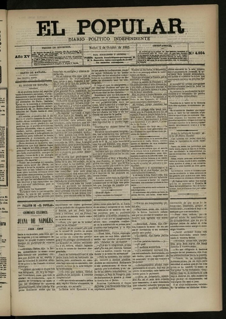 Miniatura de El Popular: diario independiente, político, literario y de noticias de interés general del 2 de octubre de 1883, nº 4934