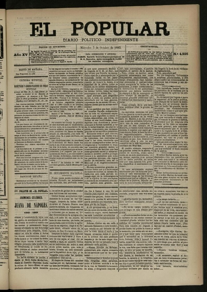 Miniatura de El Popular: diario independiente, político, literario y de noticias de interés general del 3 de octubre de 1883, nº 4935