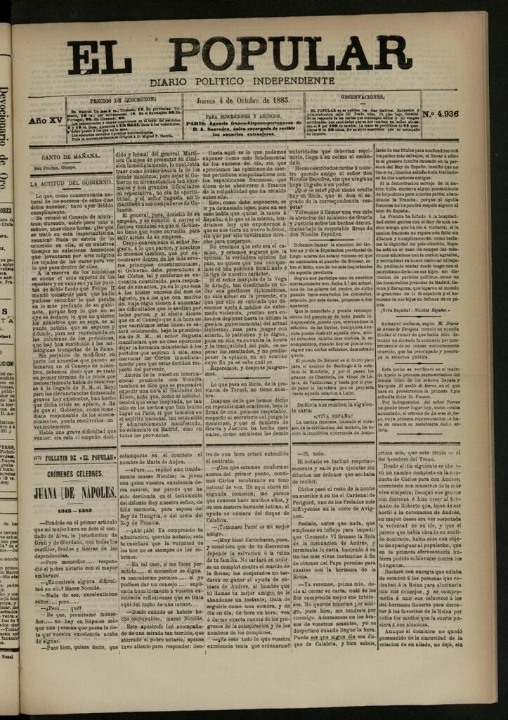 Miniatura de El Popular: diario independiente, político, literario y de noticias de interés general del 4 de octubre de 1883, nº 4936