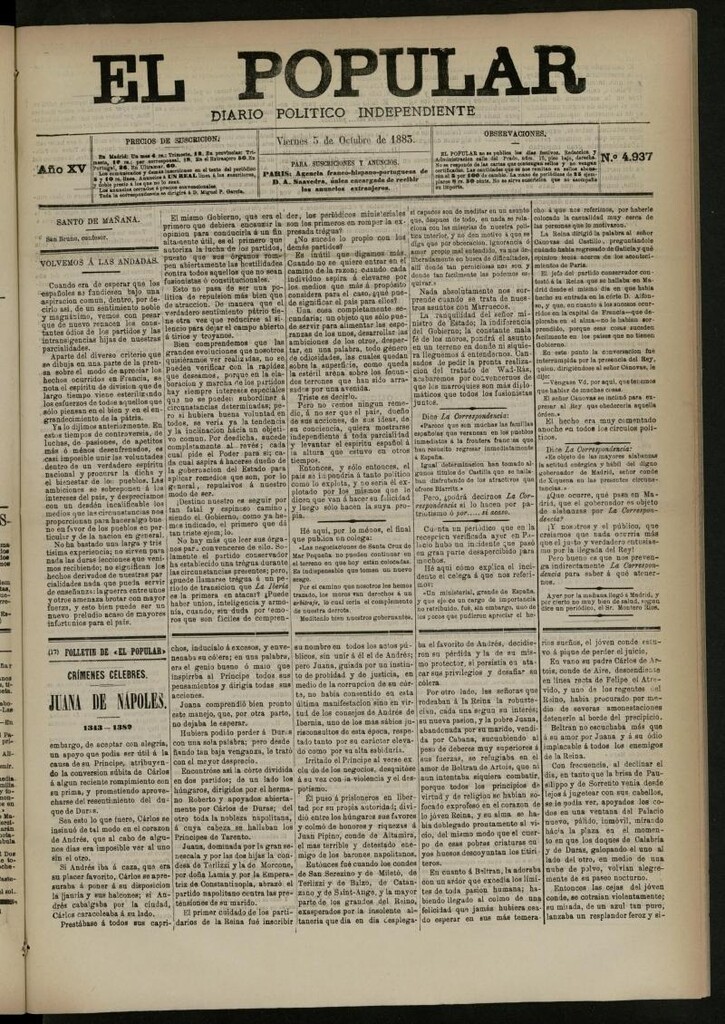 Miniatura de El Popular: diario independiente, político, literario y de noticias de interés general del 5 de octubre de 1883, nº 4937