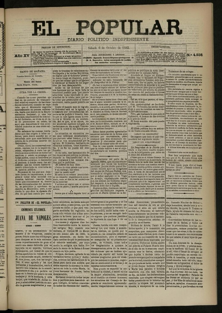 Miniatura de El Popular: diario independiente, político, literario y de noticias de interés general del 6 de octubre de 1883, nº 4938