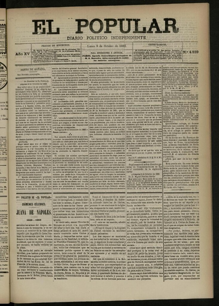 Miniatura de El Popular: diario independiente, político, literario y de noticias de interés general del 8 de octubre de 1883, nº 4939