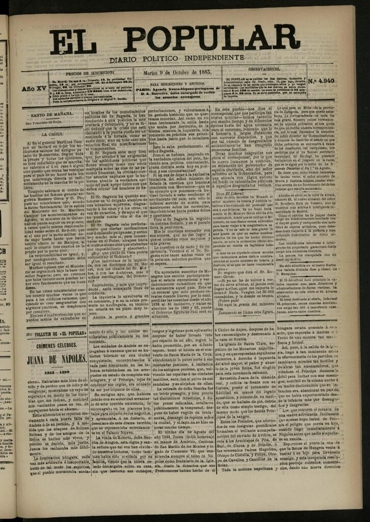 Miniatura de El Popular: diario independiente, político, literario y de noticias de interés general del 9 de octubre de 1883, nº 4940