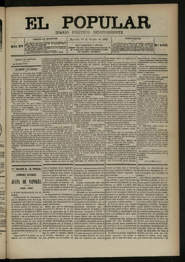 Miniatura de El Popular: diario independiente, político, literario y de noticias de interés general del 10 de octubre de 1883, nº 4941