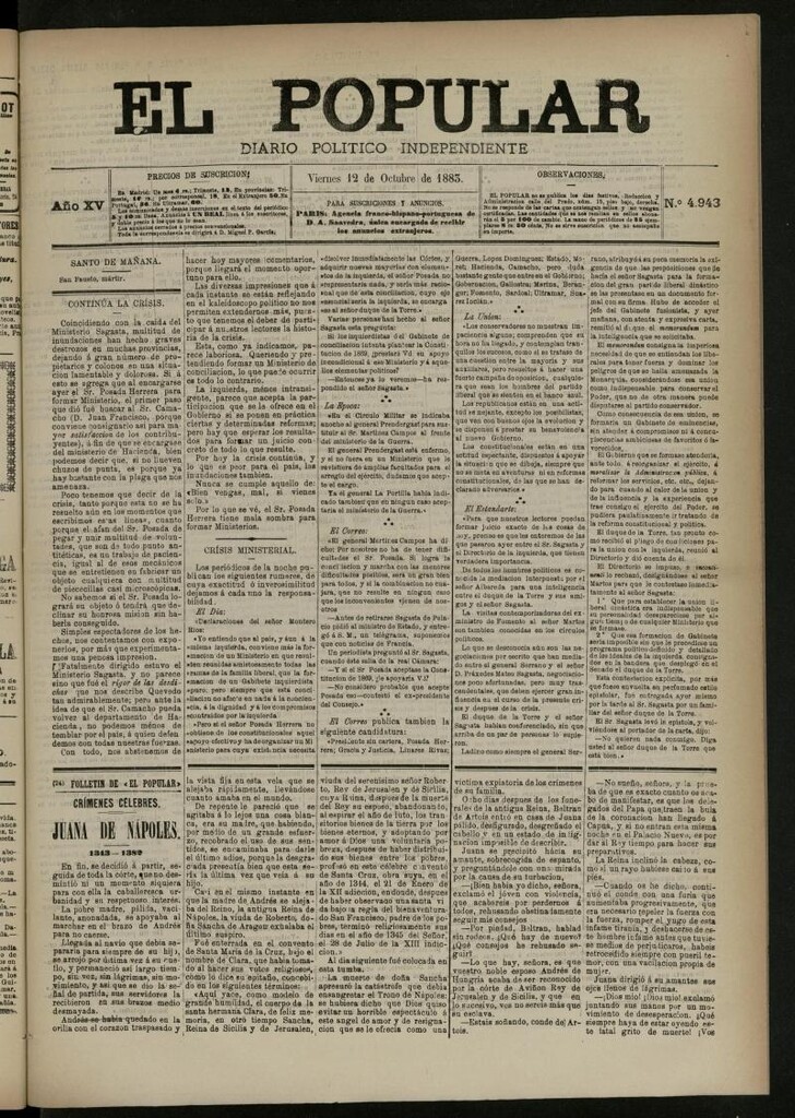 Miniatura de El Popular: diario independiente, político, literario y de noticias de interés general del 12 de octubre de 1883, nº 4943