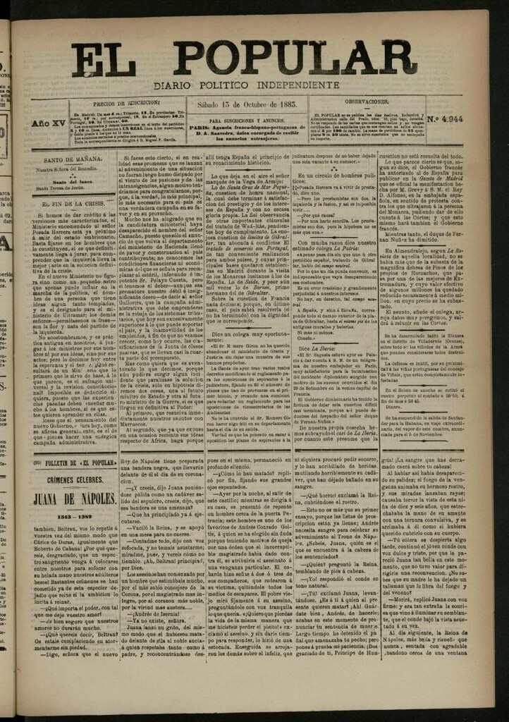 Miniatura de El Popular: diario independiente, político, literario y de noticias de interés general del 13 de octubre de 1883, nº 4944