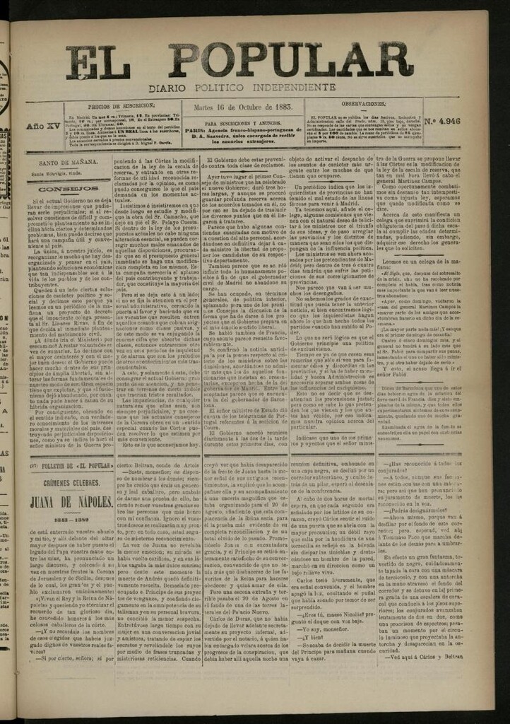 Miniatura de El Popular: diario independiente, político, literario y de noticias de interés general del 16 de octubre de 1883, nº 4946