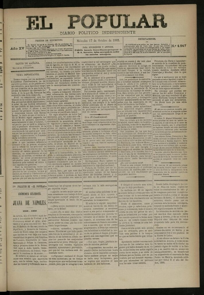Miniatura de El Popular: diario independiente, político, literario y de noticias de interés general del 17 de octubre de 1883, nº 4947