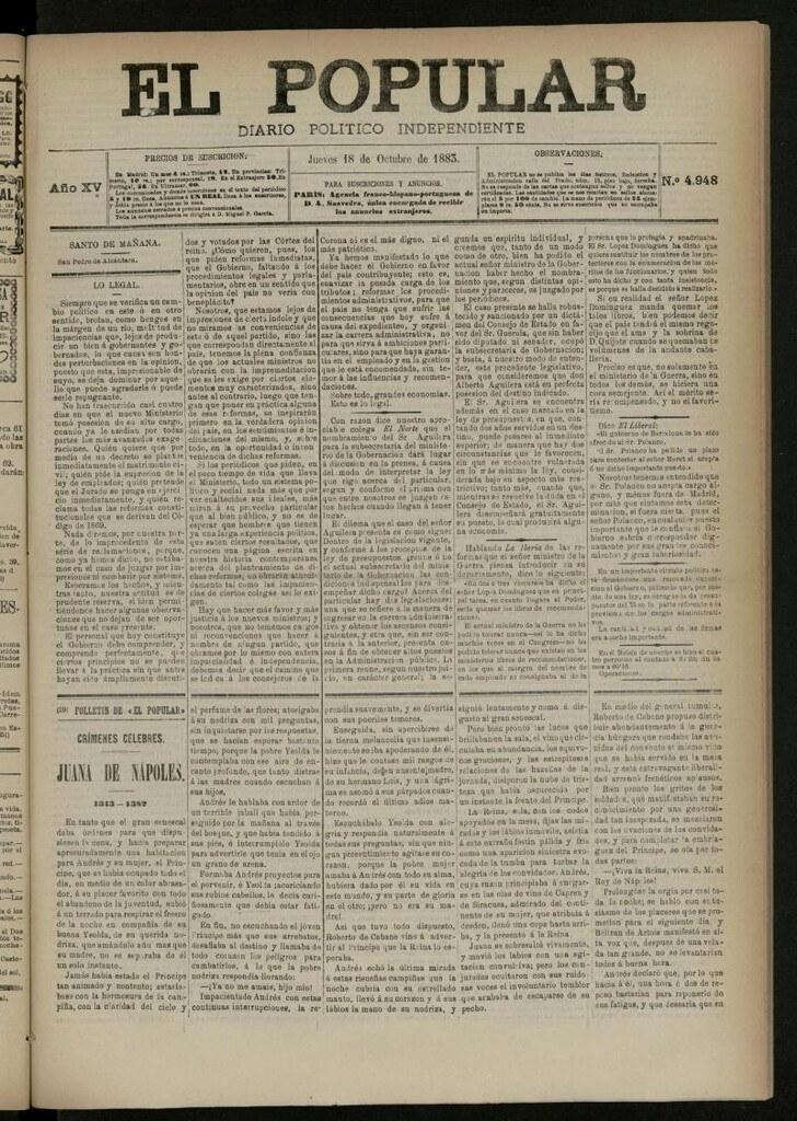 Miniatura de El Popular: diario independiente, político, literario y de noticias de interés general del 18 de octubre de 1883, nº 4948