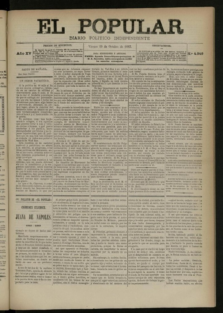 Miniatura de El Popular: diario independiente, político, literario y de noticias de interés general del 19 de octubre de 1883, nº 4949