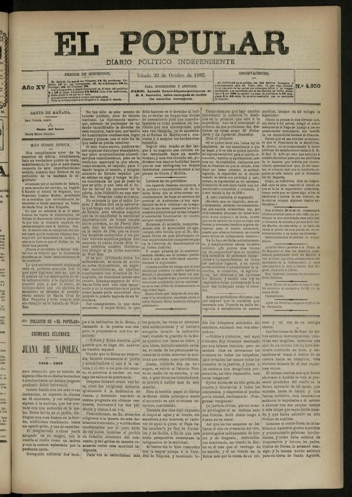 Miniatura de El Popular: diario independiente, político, literario y de noticias de interés general del 20 de octubre de 1883, nº 4950