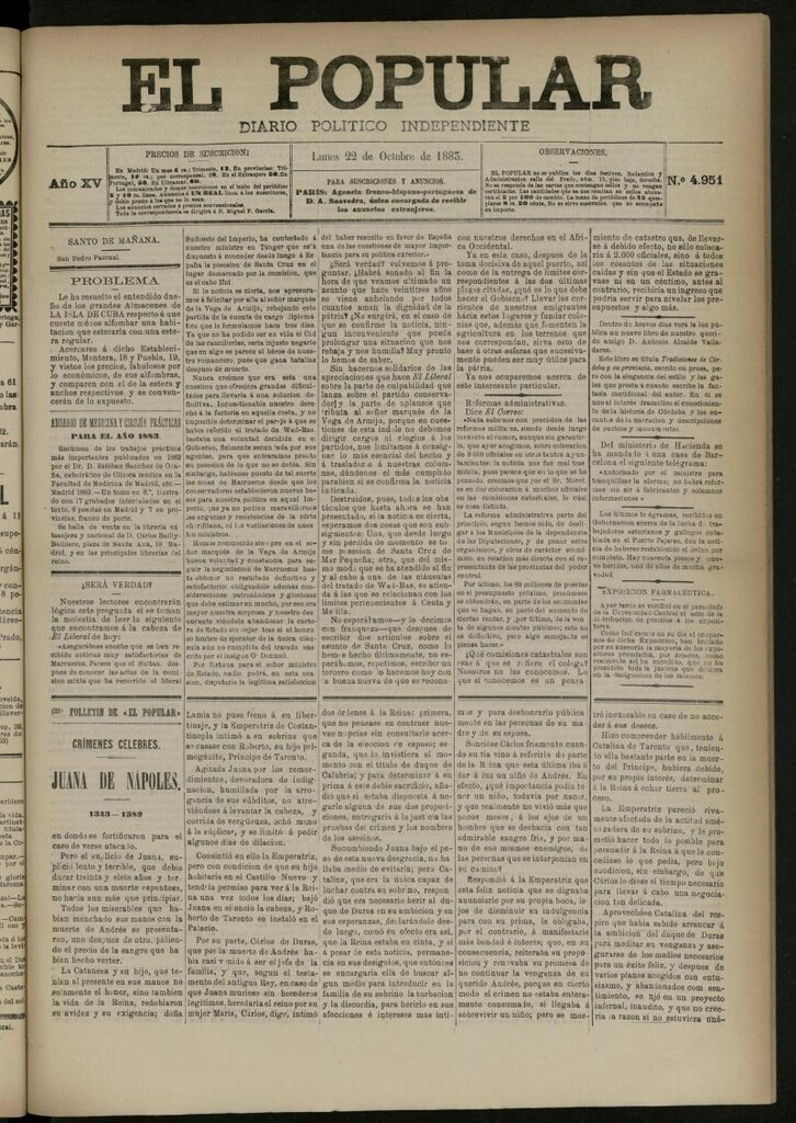 Miniatura de El Popular: diario independiente, político, literario y de noticias de interés general del 22 de octubre de 1883, nº 4951