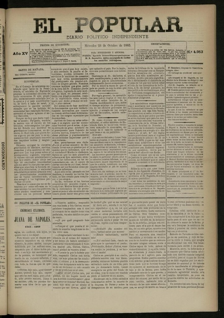 Miniatura de El Popular: diario independiente, político, literario y de noticias de interés general del 24 de octubre de 1883, nº 4953
