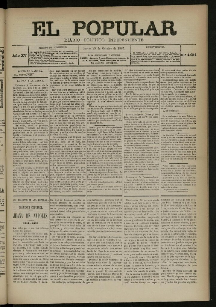 Miniatura de El Popular: diario independiente, político, literario y de noticias de interés general del 25 de octubre de 1883, nº 4954