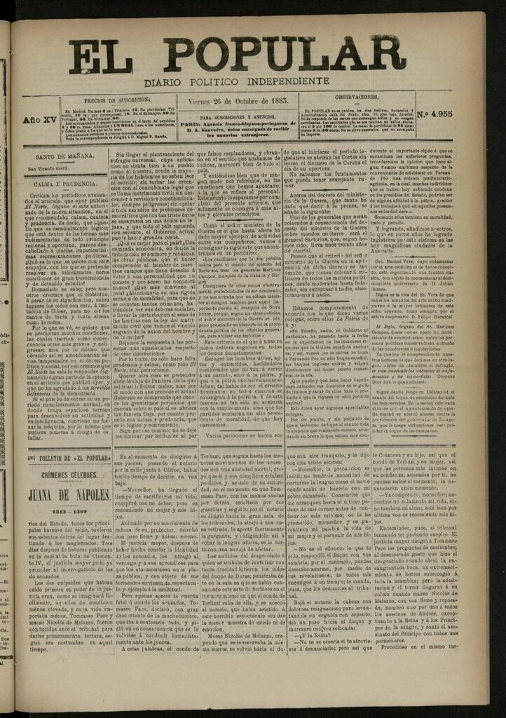 Miniatura de El Popular: diario independiente, político, literario y de noticias de interés general del 26 de octubre de 1883, nº 4955