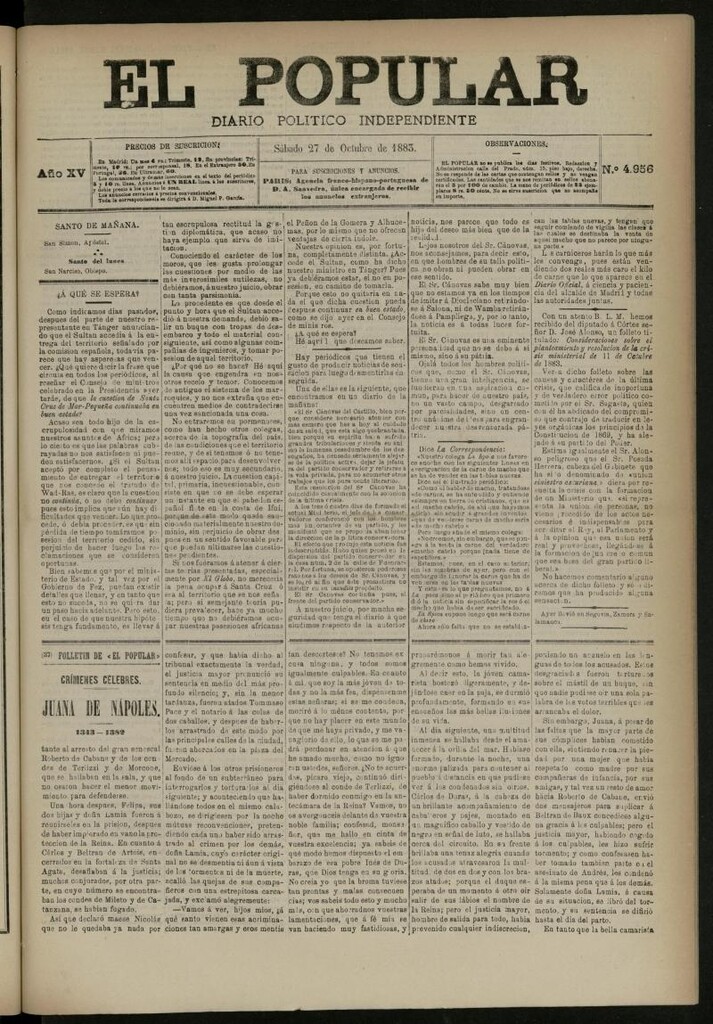 Miniatura de El Popular: diario independiente, político, literario y de noticias de interés general del 27 de octubre de 1883, nº 4956