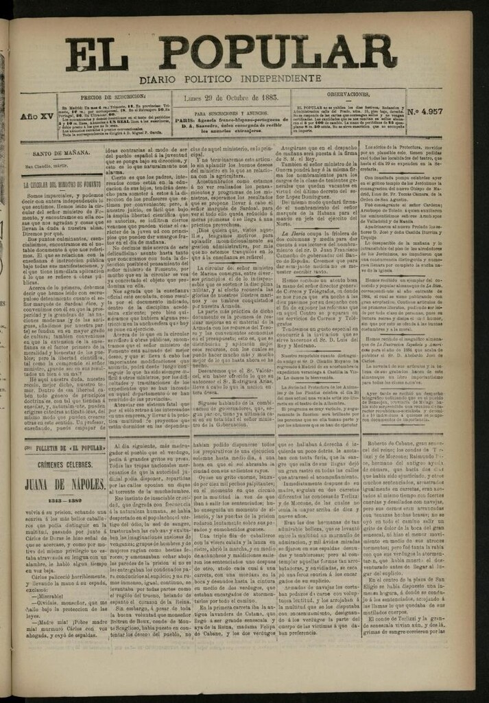Miniatura de El Popular: diario independiente, político, literario y de noticias de interés general del 29 de octubre de 1883, nº 4957
