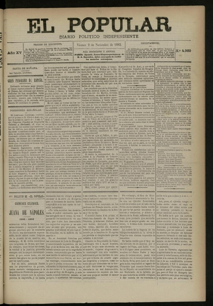 Miniatura de El Popular: diario independiente, político, literario y de noticias de interés general del 2 de noviembre de 1883, nº 4960