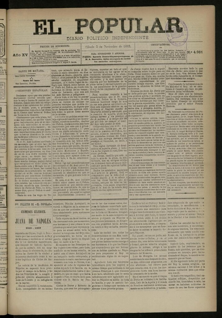 Miniatura de El Popular: diario independiente, político, literario y de noticias de interés general del 3 de noviembre de 1883, nº 4961
