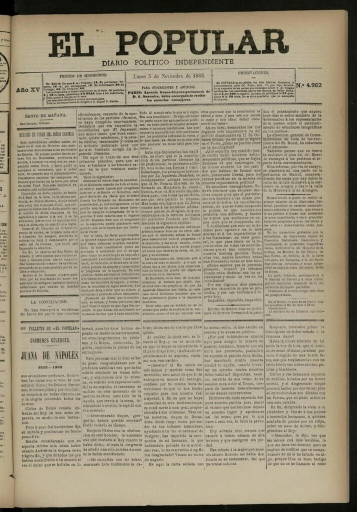 Miniatura de El Popular: diario independiente, político, literario y de noticias de interés general del 5 de noviembre de 1883, nº 4962
