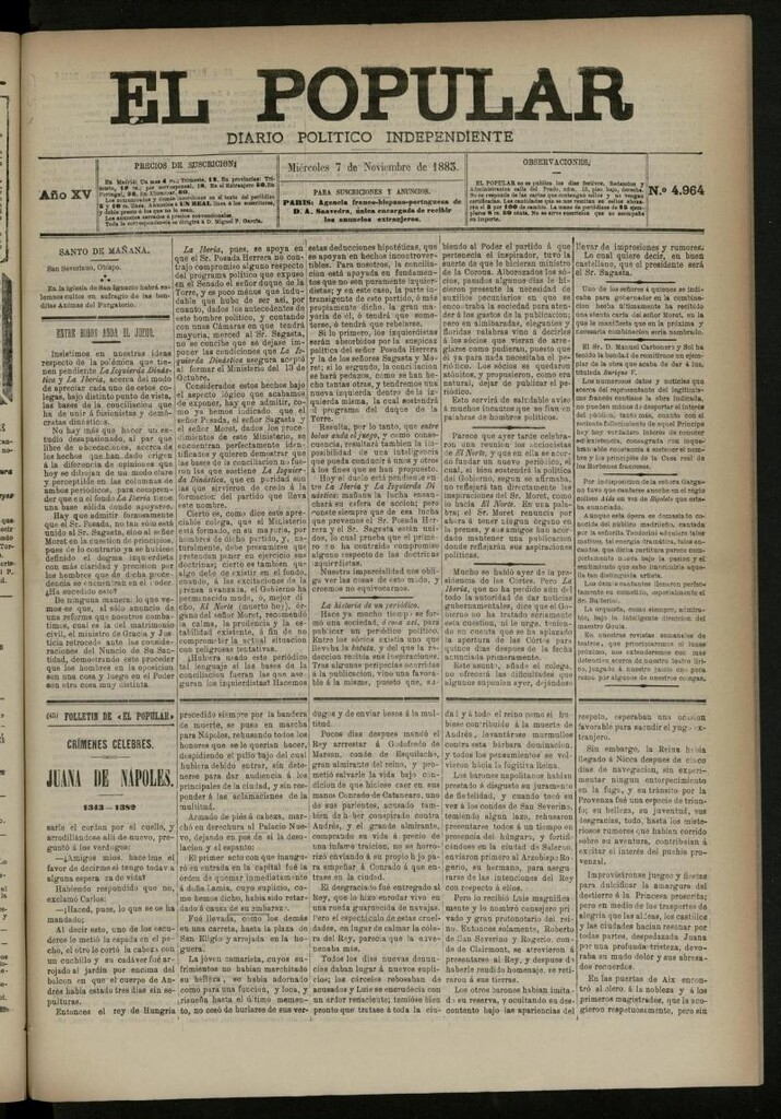 Miniatura de El Popular: diario independiente, político, literario y de noticias de interés general del 7 de noviembre de 1883, nº 4964