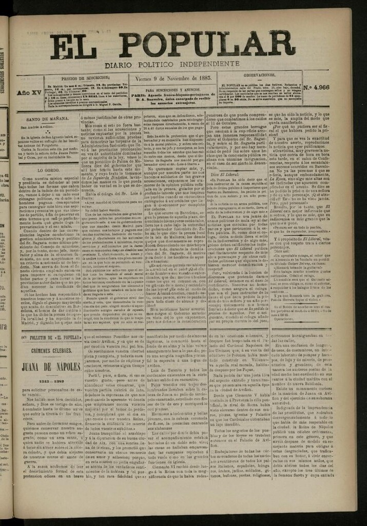 Miniatura de El Popular: diario independiente, político, literario y de noticias de interés general del 9 de noviembre de 1883, nº 4966