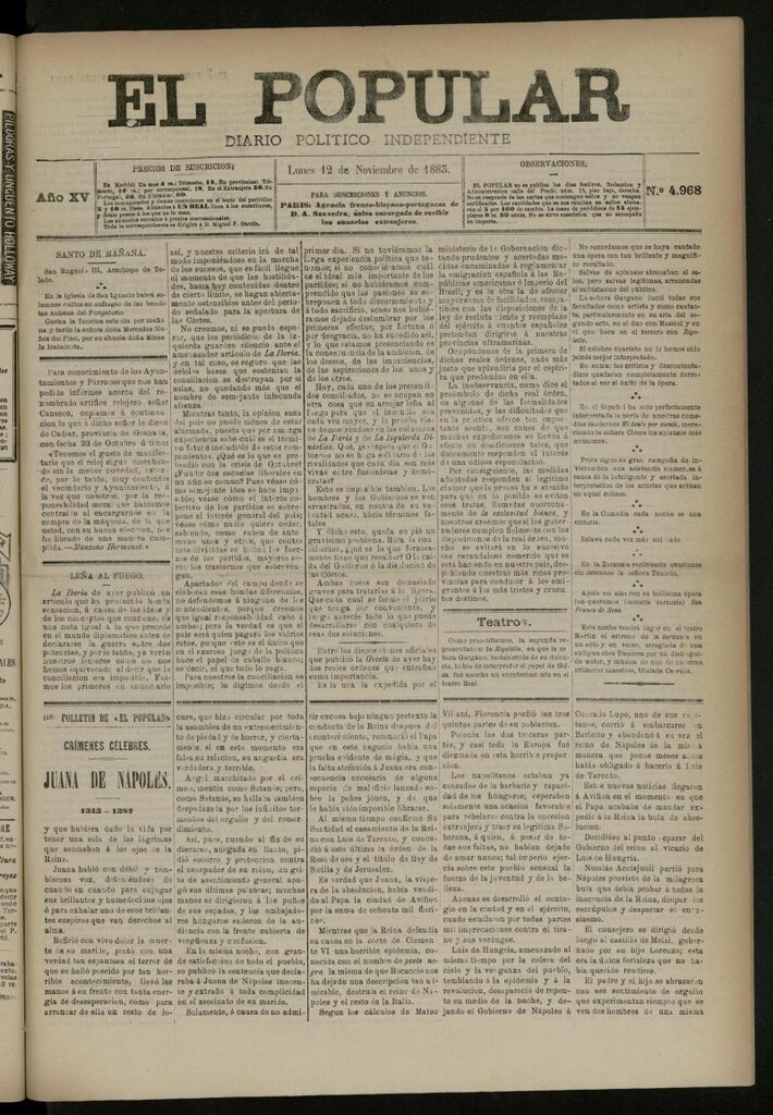 Miniatura de El Popular: diario independiente, político, literario y de noticias de interés general del 12 de noviembre de 1883, nº 4968