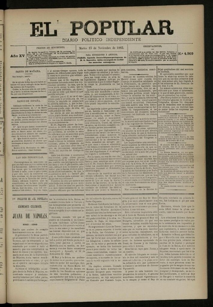 Miniatura de El Popular: diario independiente, político, literario y de noticias de interés general del 13 de noviembre de 1883, nº 4969