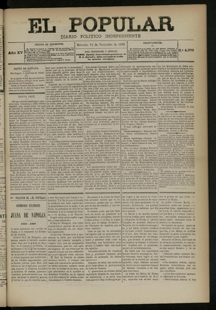 Miniatura de El Popular: diario independiente, político, literario y de noticias de interés general del 14 de noviembre de 1883, nº 4970