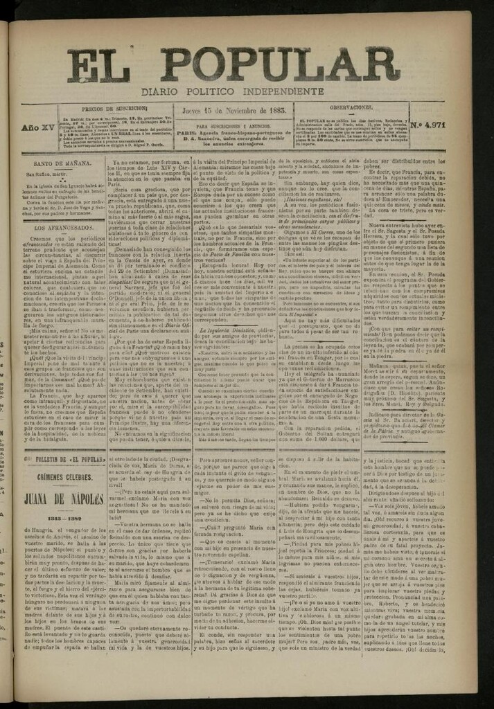 Miniatura de El Popular: diario independiente, político, literario y de noticias de interés general del 15 de noviembre de 1883, nº 4971