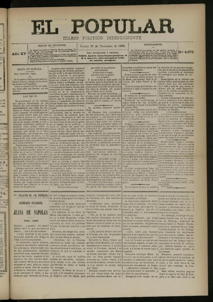 Miniatura de El Popular: diario independiente, político, literario y de noticias de interés general del 16 de noviembre de 1883, nº 4972