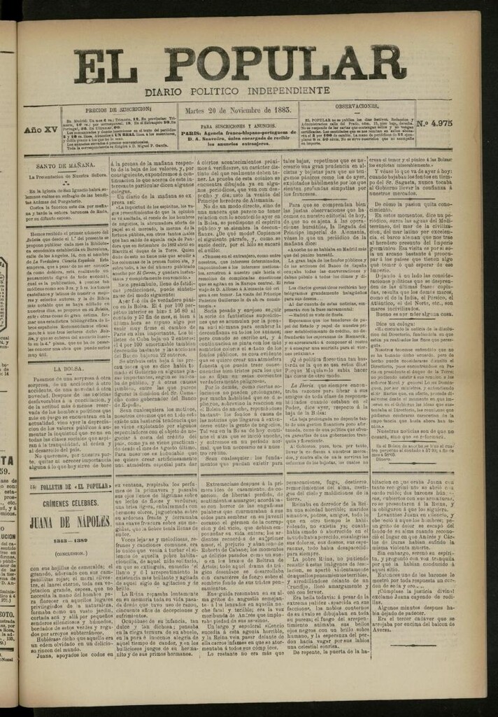 Miniatura de El Popular: diario independiente, político, literario y de noticias de interés general del 20 de noviembre de 1883, nº 4975