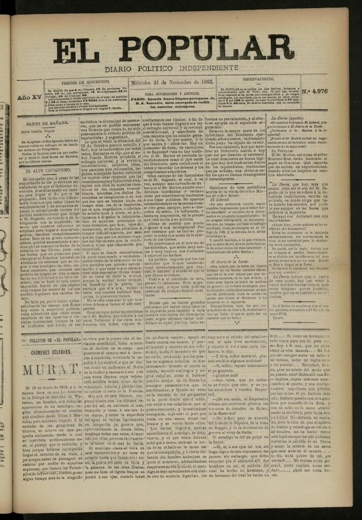 Miniatura de El Popular: diario independiente, político, literario y de noticias de interés general del 21 de noviembre de 1883, nº 4976