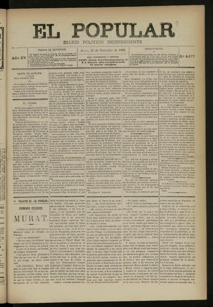 Miniatura de El Popular: diario independiente, político, literario y de noticias de interés general del 22 de noviembre de 1883, nº 4977