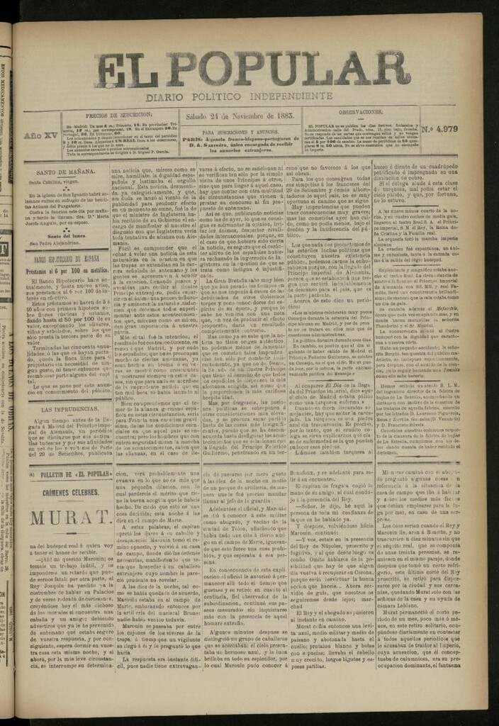 Miniatura de El Popular: diario independiente, político, literario y de noticias de interés general del 24 de noviembre de 1883, nº 4979
