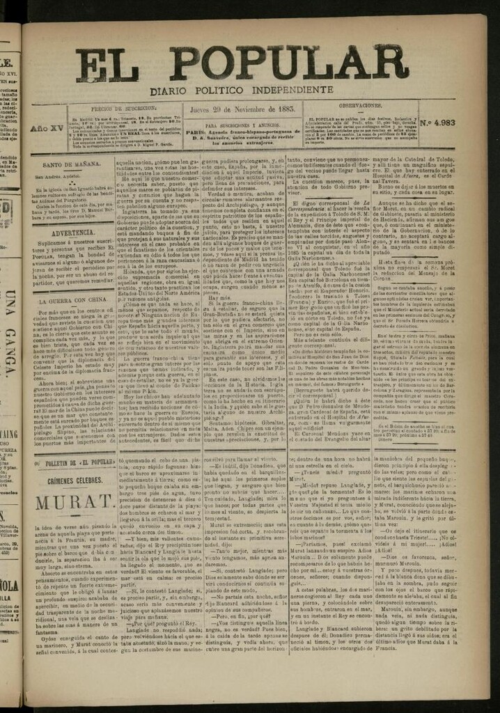 Miniatura de El Popular: diario independiente, político, literario y de noticias de interés general del 29 de noviembre de 1883, nº 4983