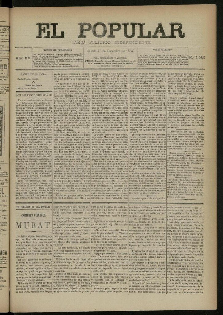 Miniatura de El Popular: diario independiente, político, literario y de noticias de interés general del 1 de diciembre de 1883, nº 4985
