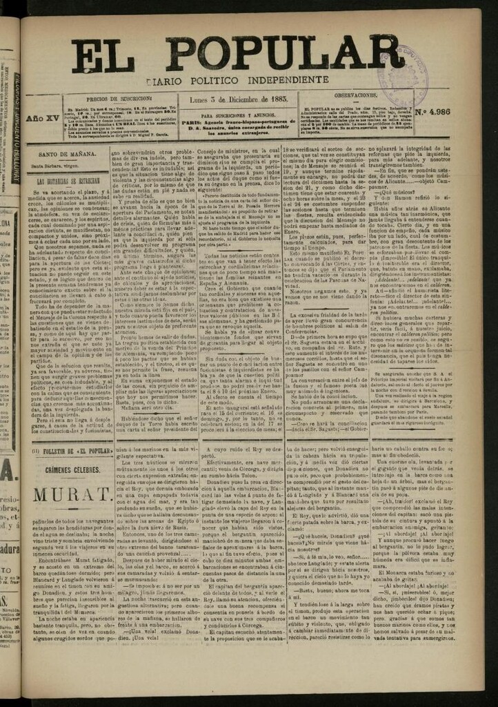 Miniatura de El Popular: diario independiente, político, literario y de noticias de interés general del 3 de diciembre de 1883, nº 4986