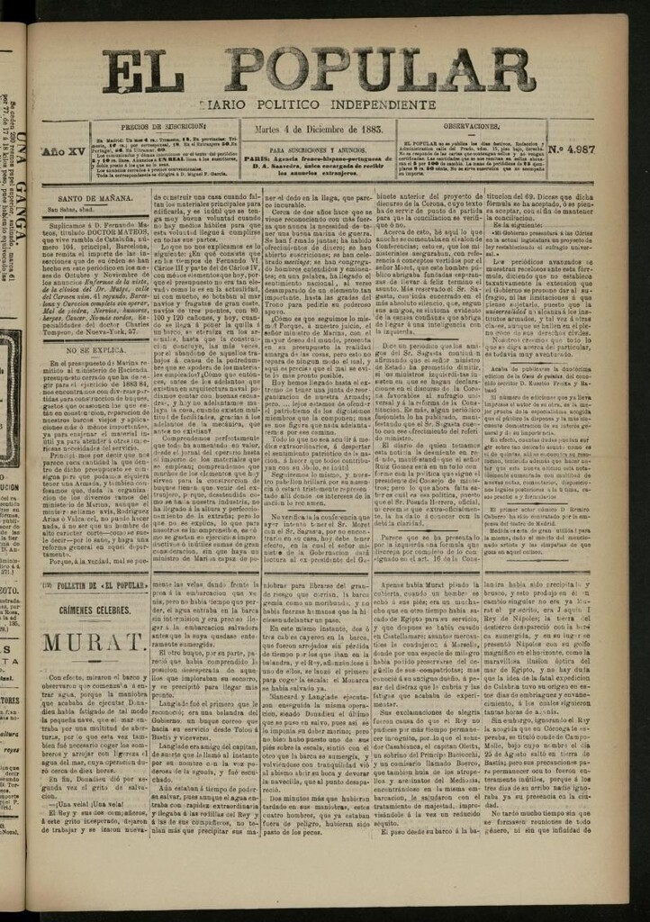 Miniatura de El Popular: diario independiente, político, literario y de noticias de interés general del 4 de diciembre de 1883, nº 4987