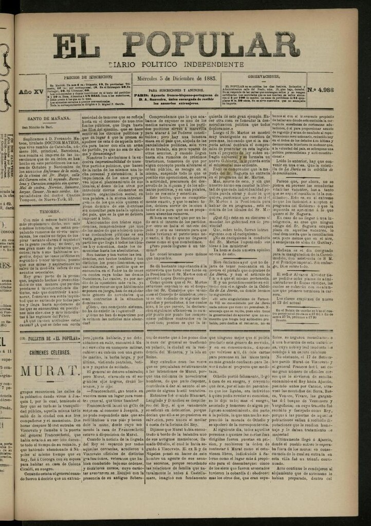 Miniatura de El Popular: diario independiente, político, literario y de noticias de interés general del 5 de diciembre de 1883, nº 4988
