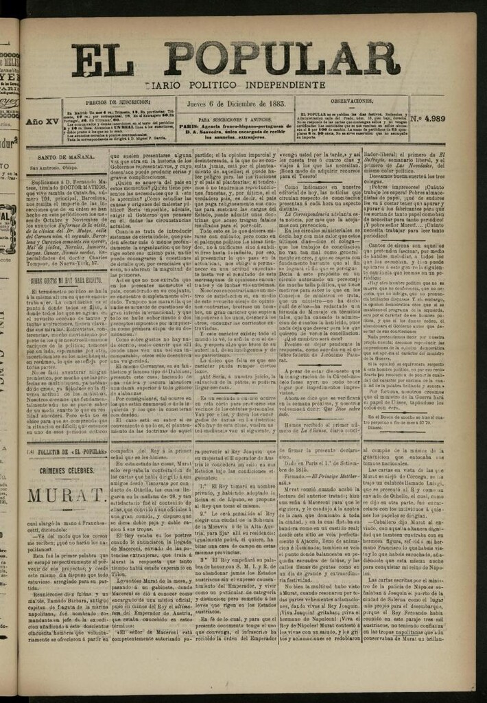 Miniatura de El Popular: diario independiente, político, literario y de noticias de interés general del 6 de diciembre de 1883, nº 4989