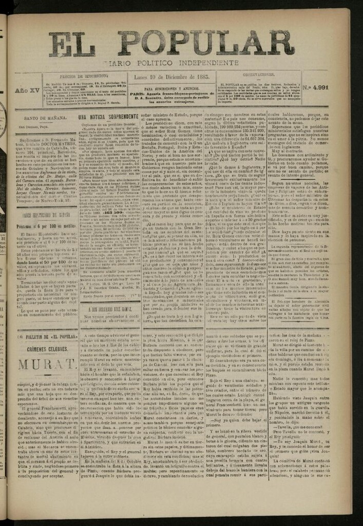 Miniatura de El Popular: diario independiente, político, literario y de noticias de interés general del 10 de diciembre de 1883, nº 4991